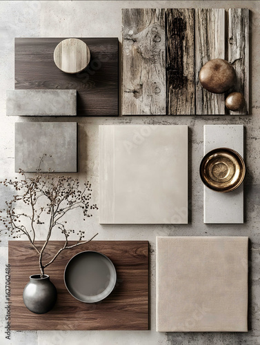 high quality photorrealistic moodboard on a light industrial style with dark wood walnut wood reclaimed woodraw concrete beige and light grey stucco paint brass an