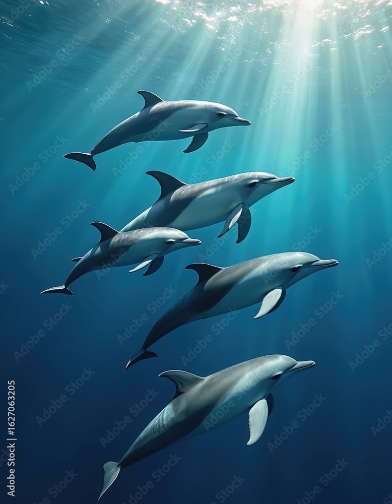 Fototapeta premium Pod of spinner dolphins swims in tropical ocean waters illuminated by bright sunlight beams penetrating blue depths. Marine mammals enjoy playful freedom in natural habitat, family bond, graceful