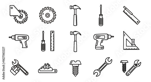 Collection of industrial and DIY tools, including wrenches, screwdrivers, hammers, drills, and measuring instruments, presented as clean vector icons.