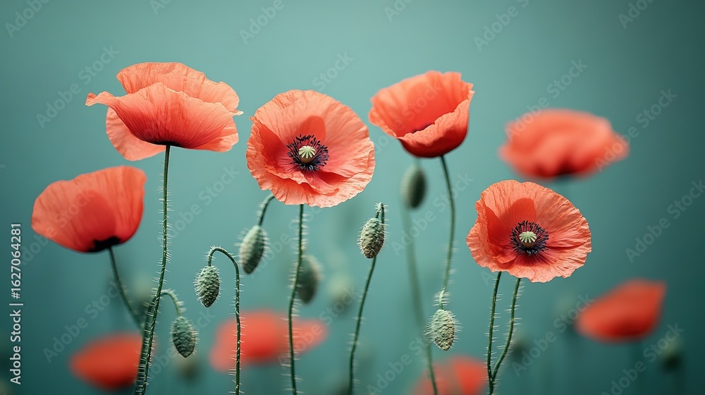 Fototapeta premium Delicate Poppy Field: Vibrant Blooms Against Teal Background, Artistic Photography.