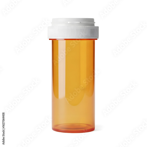An empty orange prescription pill bottle with a white child-resistant cap on a white background.