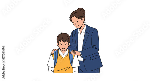 A concerned teacher comforts a young student, offering support and reassurance with a gentle hand on his shoulder, fostering a sense of care and empathy.