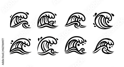 A collection of stylized black and white vector wave icons with dynamic water splashes, perfect for graphic design and oceanic themes.