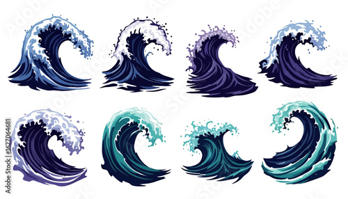 A vibrant collection of dynamic ocean waves and water splashes, rendered as isolated vector illustrations with transparent backgrounds.