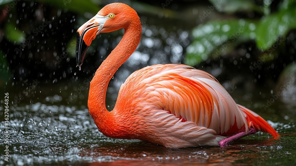 Fototapeta premium Vibrant Flamingo in a Serene Water Dance with Glistening Droplets