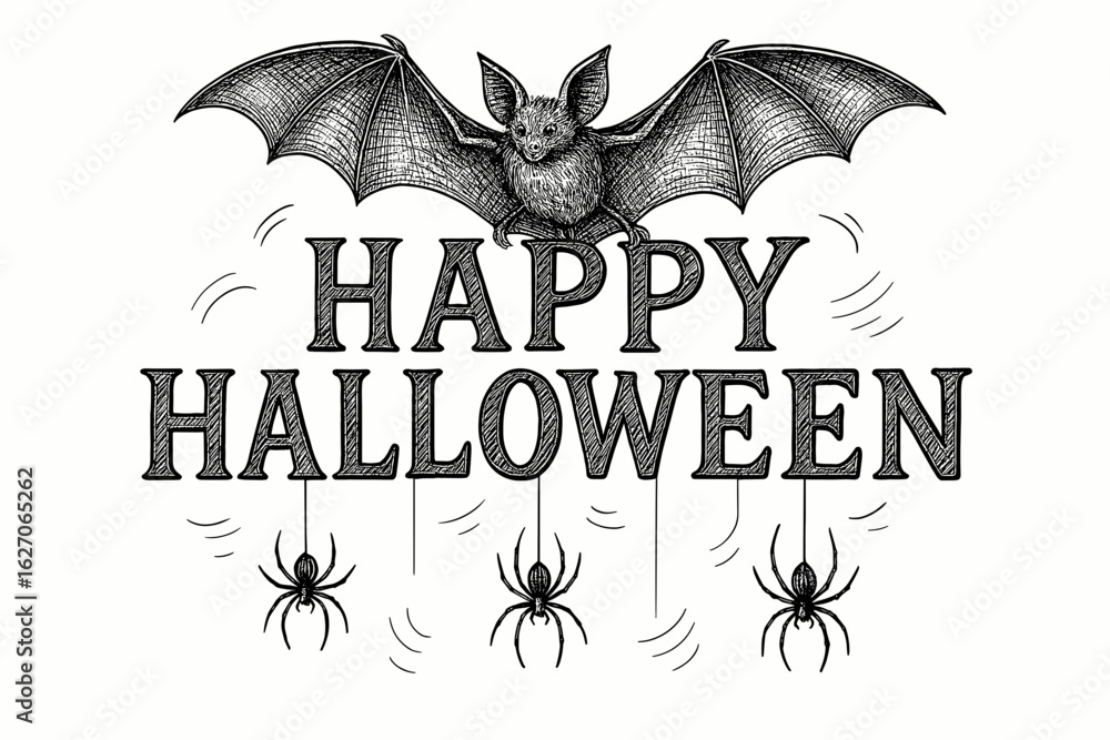 Obraz premium Happy Halloween lettering with big bat and spiders hand drawn black and white vector doodle illustration, engraving or woodcut SVG, Halloween theme design