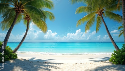 Tropical beach scene with clear blue ocean water, vibrant green palm trees framing white sand. Gentle waves lap shore under bright sunny sky with scattered clouds. Serene seaside paradise offers