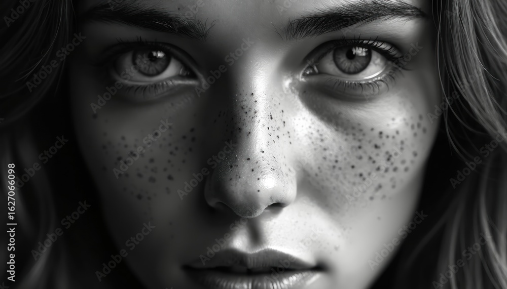 Fototapeta premium Black and white close-up portrait of young woman face. Her features include prominent freckles, captivating eyes, and soft lips. Dramatic studio lighting creates atmosphere of mystery and elegance.