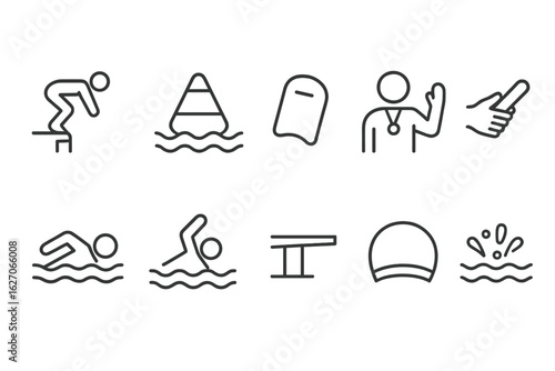 Swimming, diving outline icon set. sports, training line art for pool activities
