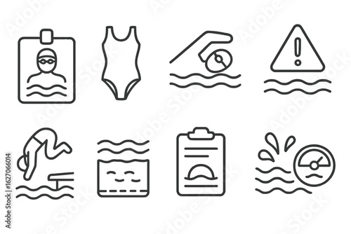 Swimming safety outline icon set. water, pool, lifeguard, warning icons collection