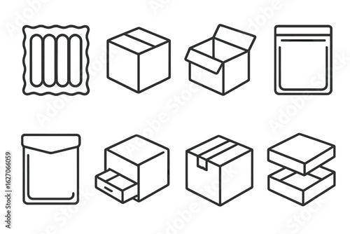 Packaging, shipping outline icon set. boxes, containers, envelope graphics collection