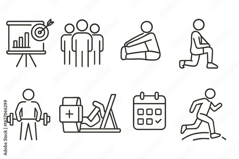 Health and fitness outline icon set for exercise, workout, and training