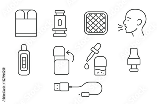 Vaping, smoking line icon set. e-cigarettes, vape accessories outline collection
