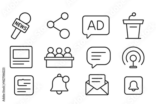 Media and communication line icon set. news, speech, broadcast icons collection