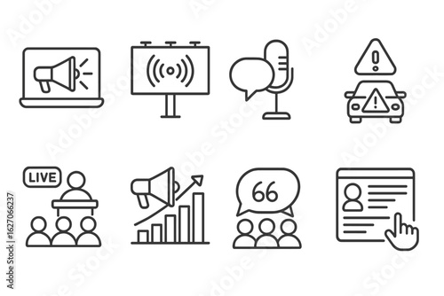Communication and marketing icon set. linear style for digital media and promotion