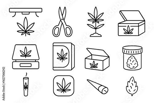 Cannabis and hemp outline icon set: plant, leaf, products, packaging, smoker tools