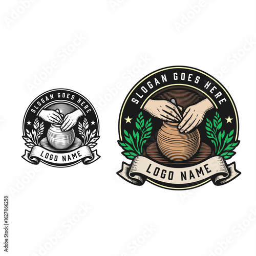 vintage handdrawn ceramic pottery logo vector