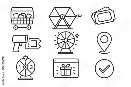 Lottery, raffle, ticket linear icon set. chance symbols in outline style collection