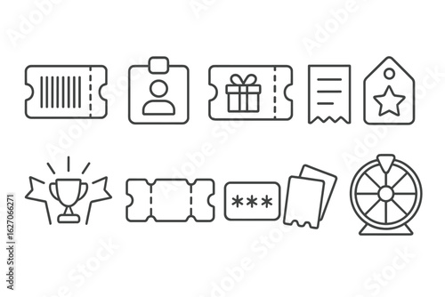Tickets, awards, and tags line icon set. linear style for event planning and sales
