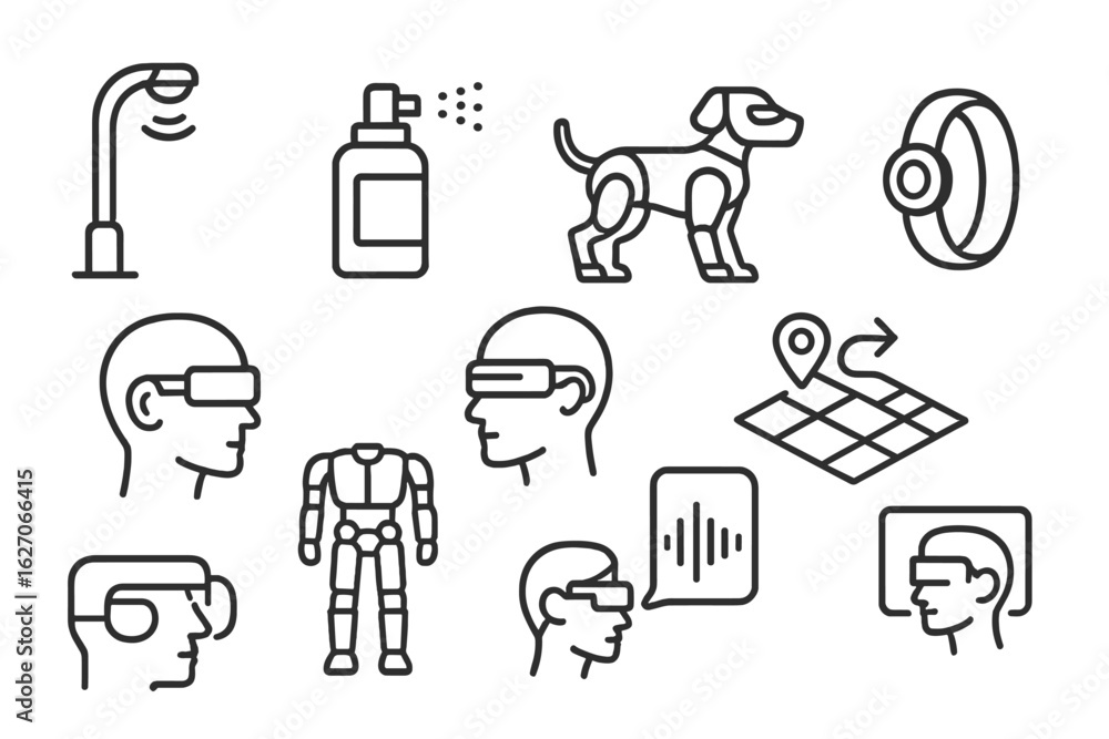 Fototapeta premium Smart tech outline icon set. gadgets, robotics, automation, ar, ai technology