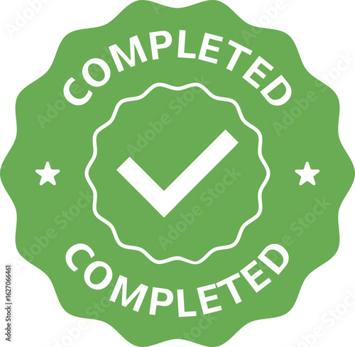 Green completed badge with white check mark and stars in circular design. Vector illustration