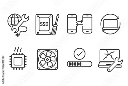 Technology, repair line icon set. devices, tools, gadgets in linear style