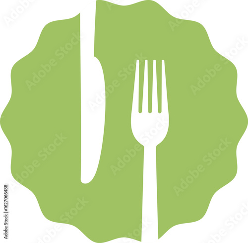 Green emblem with knife and fork representing dining concept. Vector illustration