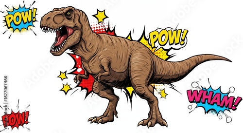 T rex dinosaur illustration in comic style with action words