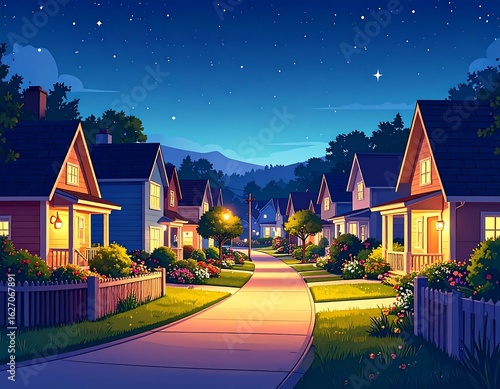 Nighttime suburban street scene