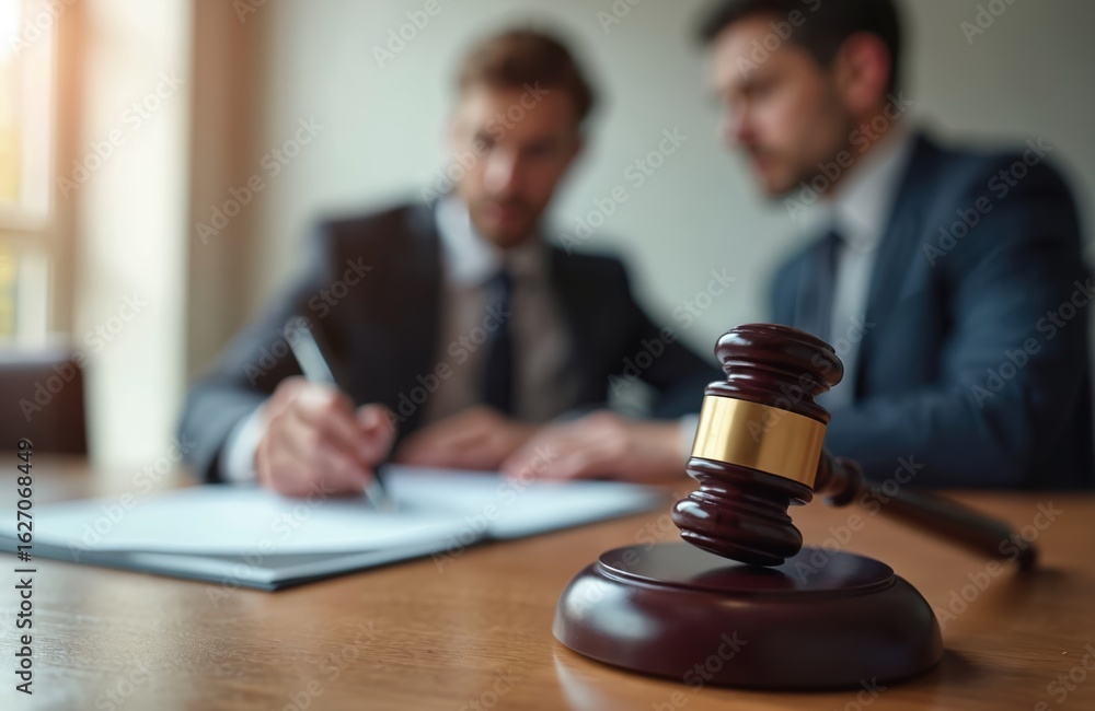 Fototapeta premium Lawyers in suits discuss contract, sign document in courtroom office with judge gavel on wooden table. Business meeting focuses on legal advice, agreements, litigation, negotiation, and legal system.