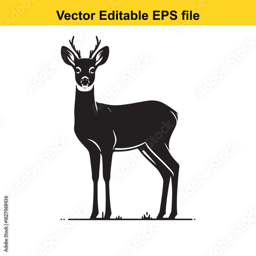 Vector art of black silhouette of a young buck deer on white background long horn, , long horn