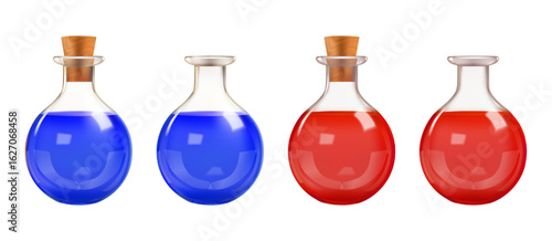 Lab blood test tube, volume 3d potion bottle. Liquid glass flask, magic bulb rpg game. Chemical laboratory beaker, medieval elixir pot. Medical vial isolated vector. Apothecary experiment equipment