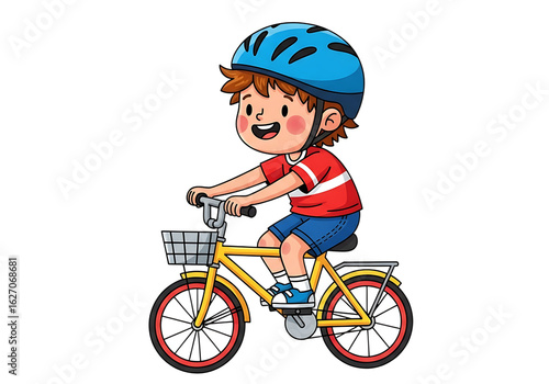 Cheerful boy riding yellow bicycle wearing blue helmet isolated on a transparent background image