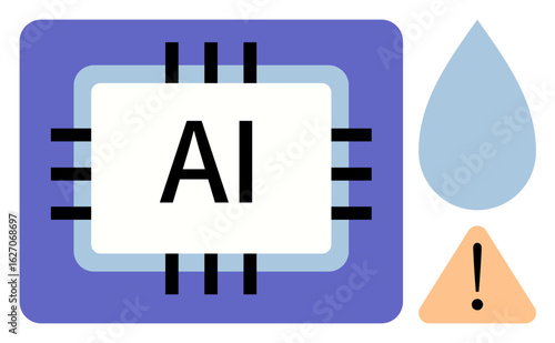 AI chip surrounded by a water droplet and an alert triangle with an exclamation mark. Ideal for technology, AI, risk management, environmental issues, innovation, decision-making, and simplicity