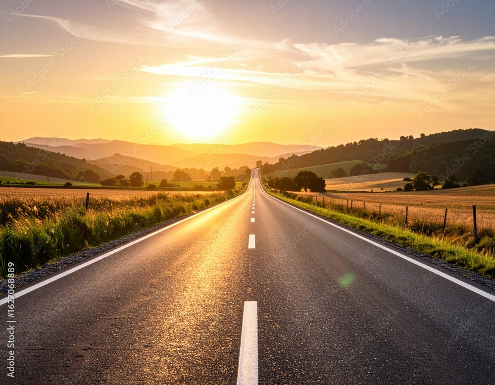 Fototapeta premium Empty Road Stretching Into Sunset Landscape