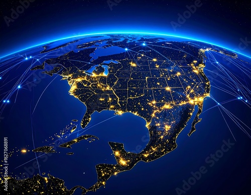 North America from space, illuminated cities, network of connections