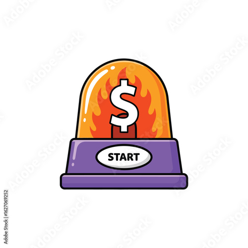 Vector icon of a financial start button alarm, featuring a flaming dollar sign symbolizing an urgent business opportunity.