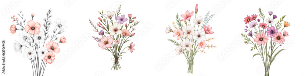 Fototapeta premium Floral watercolor bouquet illustrations in soft pastel colors 