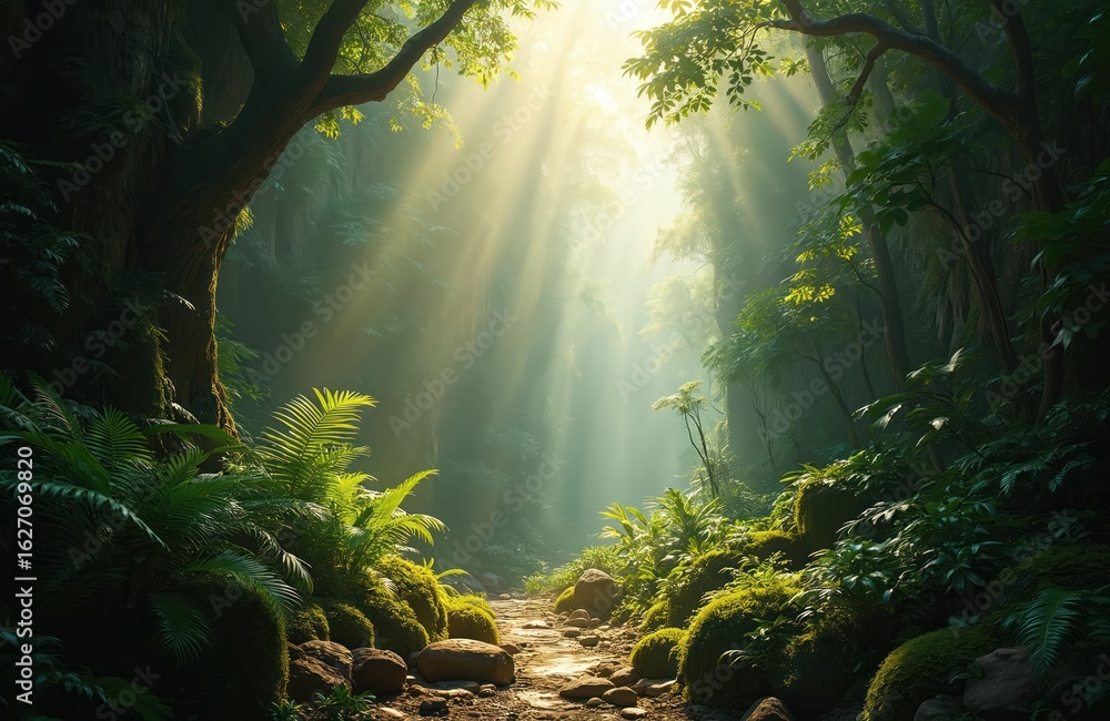 Fototapeta premium Sunbeams stream through rich jungle ravine illuminating winding path. Verdant foliage, moss-covered rocks, dense trees create mysterious, serene atmosphere. Explore exotic, vibrant rainforest, hidden