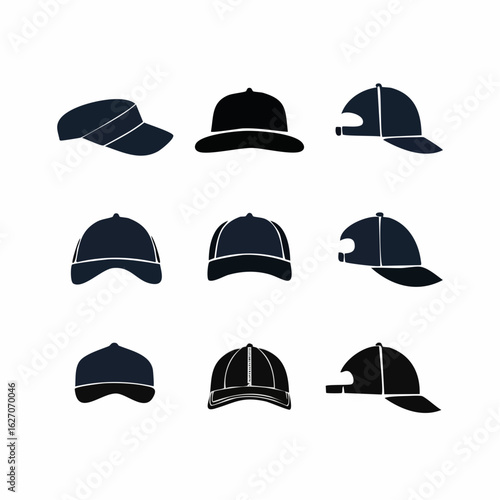 Silhouette icon set of fashionable headwear. Collection of baseball caps and sun visors from front, side, and back views.