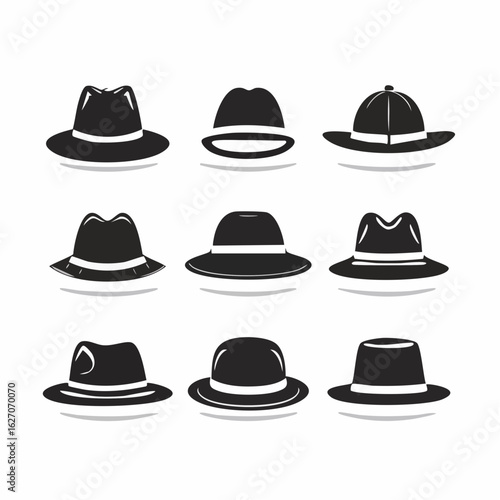 Set of classic men's hat icons. Black silhouette vector collection of fedora, trilby, and bowler hats for fashion or gentleman design.