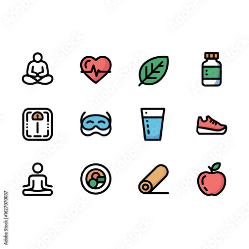 Clean and modern vector  wellness lifestyle vector icons set healthy habits and self care illustration