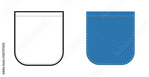 Top-stitched Rounded Patch Pocket Jeans technical fashion illustration. Flat apparel line template and color. Women, men unisex style item CAD mockup isolated on white background 