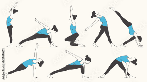 Collection of Various Yoga Poses Demonstrated by a Woman in Workout Attire