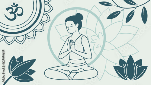 Detailed Illustration of a Woman Meditating with Lotus Flowers and Spiritual