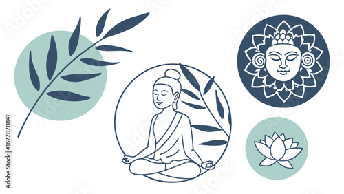 Serene Buddha Meditation Illustration with Lotus and Leaf Symbol in Modern