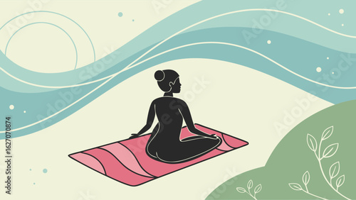 Silhouette of a Woman Meditating on a Mat Surrounded by Abstract Nature