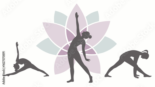 Silhouette of Women Engaging in Yoga Poses in Front of a Colorful Lotus Flower