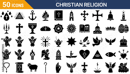 Christian religion vector icons collection in solid glyph style   on transparent background, Editable SVG for Web and Print Design with currentColor