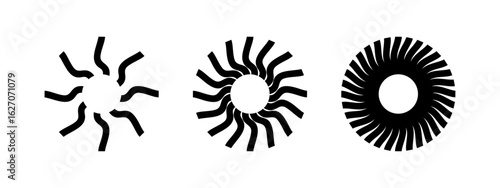 Spinning sun symbols. Round swirl icons. Fan, propeller, ventilator or pinwheel toy signs. Vortex, vertigo or tornado pictograms isolated on white background. Vector graphic illustration.